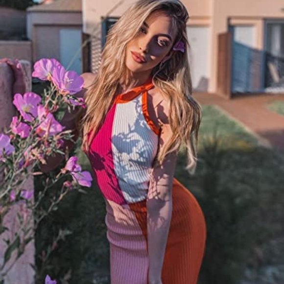 Women Halter Neck Colorblock Ribbed Tank Dress Summer Sleeveless Bodycon - Picture 2 of 3